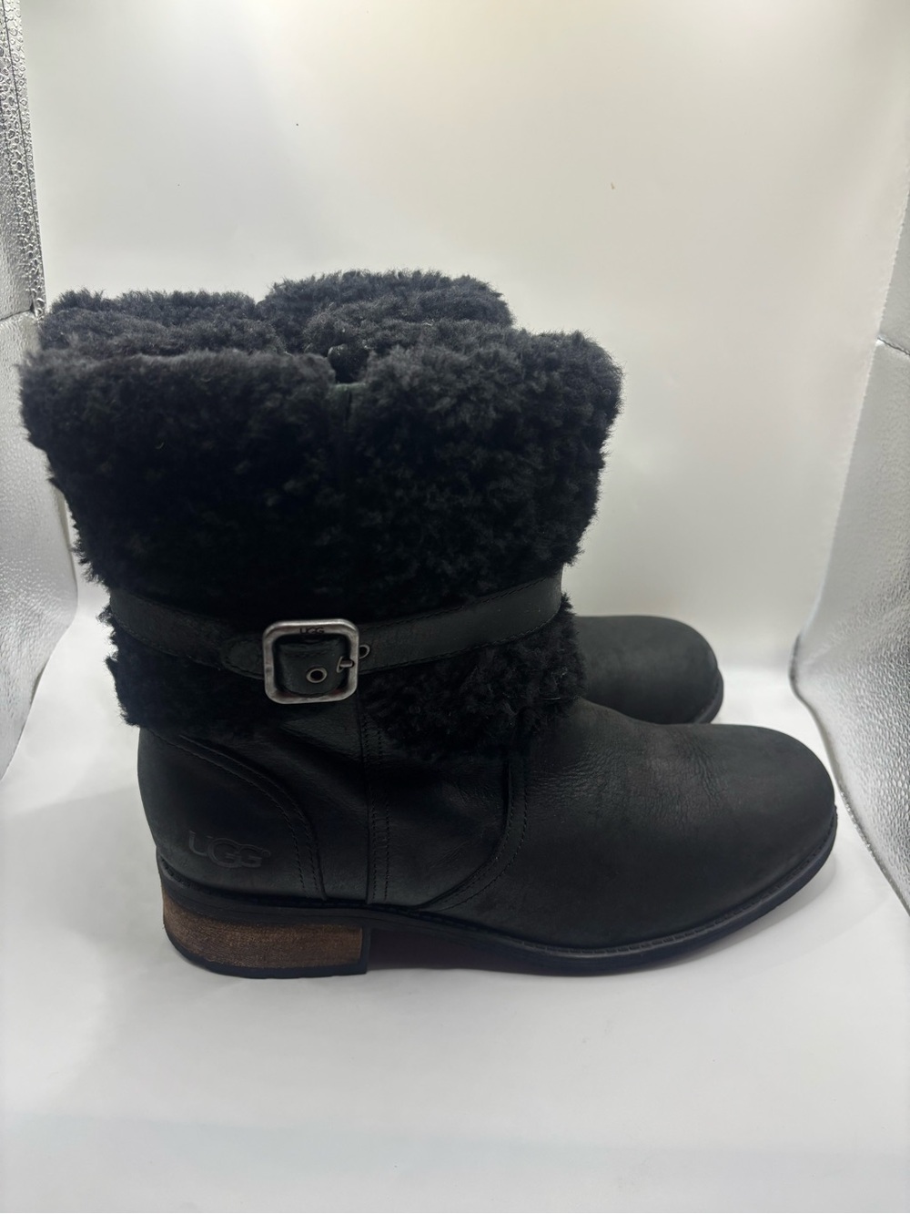 UGG Black Leather Shearling Cuff Buckle Boots